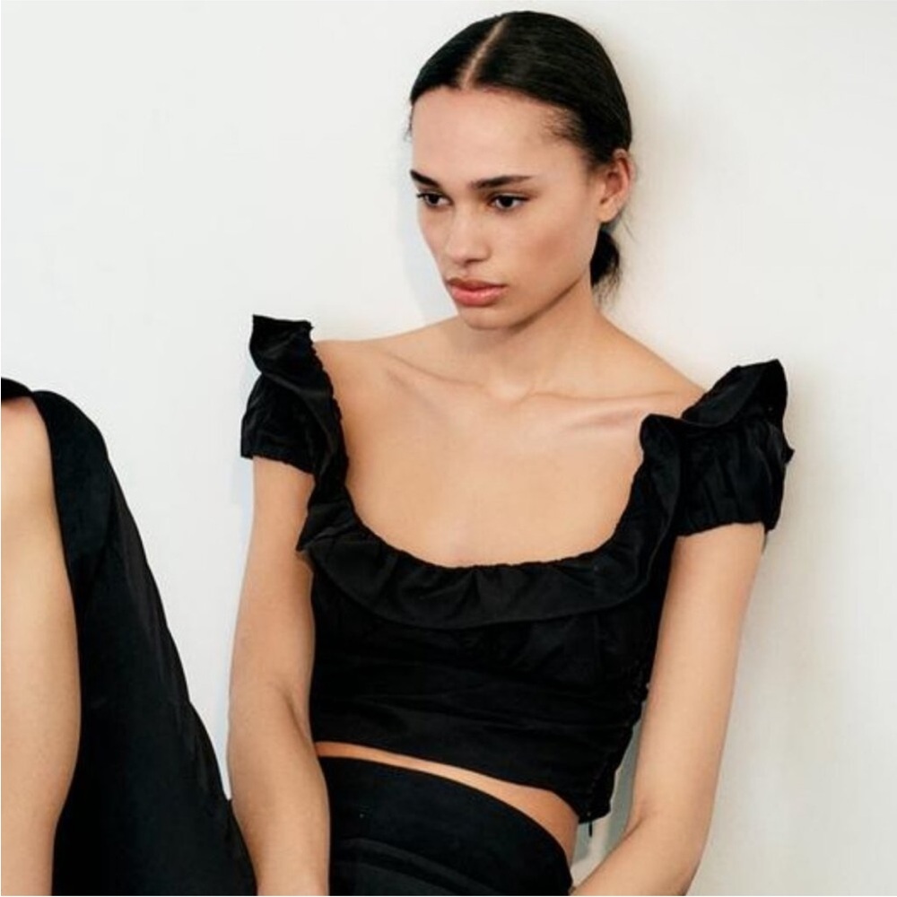 Zara Black Ruffled Crop Top-Large - Picture 4 of 10